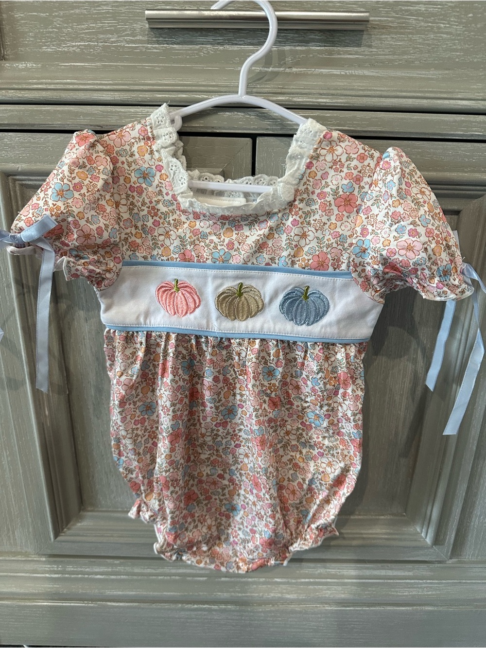 Floral Pumpkin Smocked Baby One-Piece Bodysuit - Pink/Blue